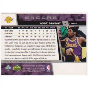 Kobe Bryant 1998-99 Upper Deck Game Dated Encore #39 Card