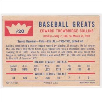 1960 Fleer Eddie Collins #20 Card - HOF'er