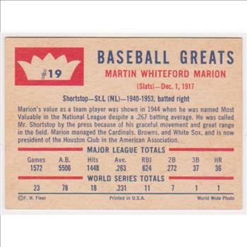 1960 Fleer Marty Marion #19 Card