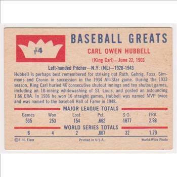 1960 Fleer Carl Hubbell #4 Card - HOF'er