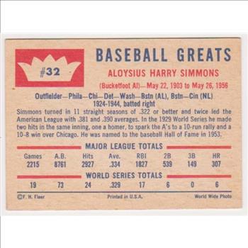 1960 Fleer Al Simmons #32 Card - HOF'er