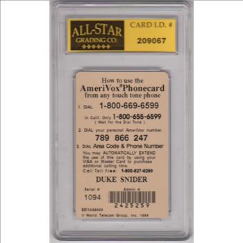 Graded 9 - Duke Snider 1994 Amerivox $10 Phone Card