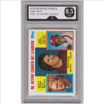 Graded Sigma Mint 8.5 - Pete Rose/Rusty Staub/Tony Perez 1984 Topps #702 Card