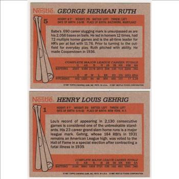 1987 Topps Nestle Babe Ruth #5 + Lou Gehrig #1 Card Pair - HOF'ers