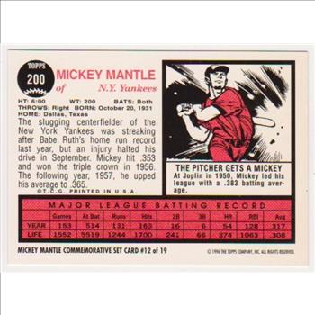 Mickey Mantle 1962 Topps #200 Commemorative Card - 1996 Topps #12 of 19 Insert Card