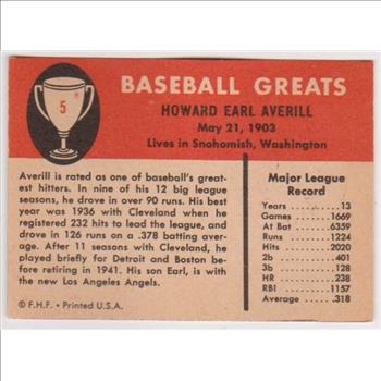 1961 Fleer Earl Averill #5 Card - HOF'er