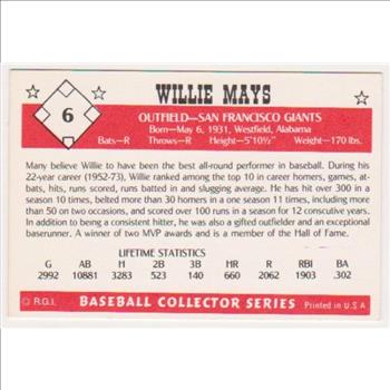 Willie Mays 1984 R.G.I. #6 Card - HOF'er