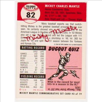 Mickey Mantle 1953 Topps #82 Commemorative Card - 1996 Topps #3 of 19 Insert Card