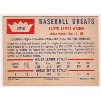 1960 Fleer Lloyd Waner #78 Card - HOF'er