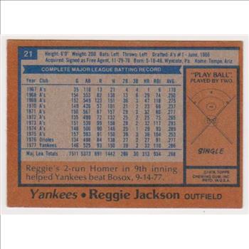 1978 Topps Burger King Reggie Jackson #21 Card - HOF'er