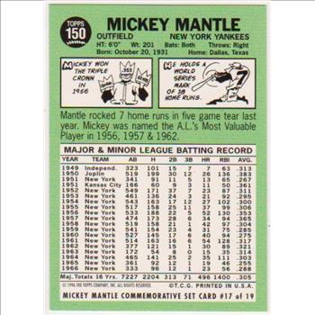 Mickey Mantle 1967 Topps #150 Commemorative Card - 1996 Topps #17 of 19 Insert Card