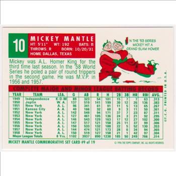 Mickey Mantle 1959 Topps #10 Commemorative Card - 1996 Topps #9 of 19 Insert Card