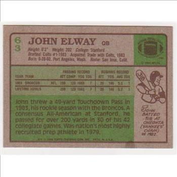 Rookie - John Elway 1984 Topps #63 Card - HOF'er