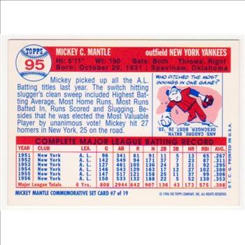 Mickey Mantle 1957 Topps #95 Commemorative Card - 1996 Topps #7 of 19 Insert Card