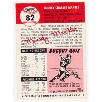 Mickey Mantle 1953 Topps #82 Commemorative Card - 1996 Topps #3 of 19 Insert Card