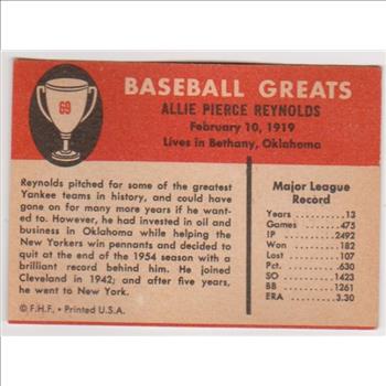 1961 Fleer Allie Reynolds #69 Card - New York Yankees