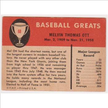 1961 Fleer Mel Ott #68 Card - HOF'er
