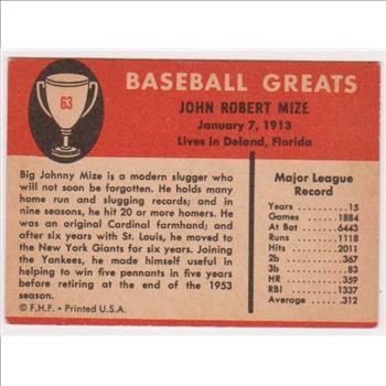 1961 Fleer Johnny Mize #63 Card - HOF'er