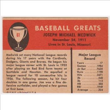 1961 Fleer Ducky Joe Medwick #61 Card - HOF'er