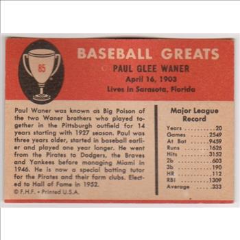 1961 Fleer Paul Waner #85 Card - HOF'er