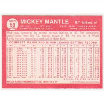 Mickey Mantle 1964 Topps #50 Commemorative Card - 1996 Topps #14 of 19 Insert Card
