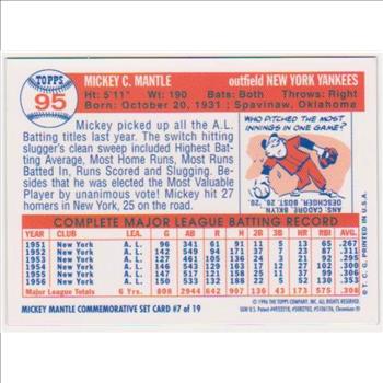 Mickey Mantle 1957 Topps Finest #95 Commemorative Card - 1996 Topps #7 of 19 Insert Card