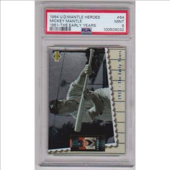 Graded PSA Mint 9 - Mickey Mantle 1994 Upper Deck Baseball Heroes #64 Insert Card