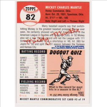Mickey Mantle 1953 Topps Finest #82 Commemorative Card - 1996 Topps #3 of 19 Insert Card