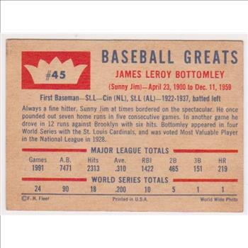 1960 Fleer Jim Bottomley #45 Card - HOF'er
