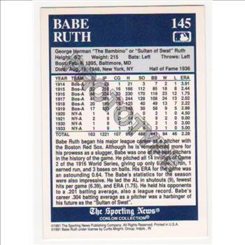 1991 Conlon Babe Ruth #145 PROTOTYPE Card - Scarce Promo