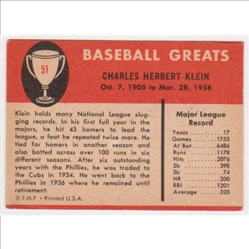 1961 Fleer Chuck Klein #51 Card - HOF'er