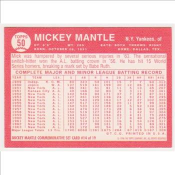 Mickey Mantle 1964 Topps #50 Commemorative Card - 1996 Topps #14 of 19 Insert Card