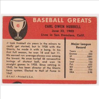 1961 Fleer Carl Hubbell #45 Card - HOF'er