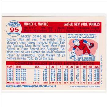 Mickey Mantle 1957 Topps #95 Commemorative Card - 1996 Topps #7 of 19 Insert Card