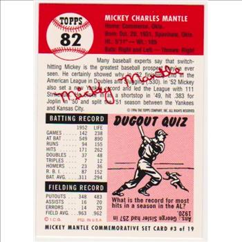 Mickey Mantle 1953 Topps #82 Commemorative Card - 1996 Topps #3 of 19 Insert Card