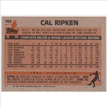 1983 Topps Cal Ripken, Jr. #163 Card - 2nd Year - HOF'er