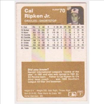 1983 Fleer Cal Ripken, Jr. #70 Card - 2nd Year - HOF'er