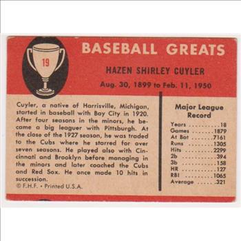 1961 Fleer Ki Ki Cuyler #19 Card - HOF'er
