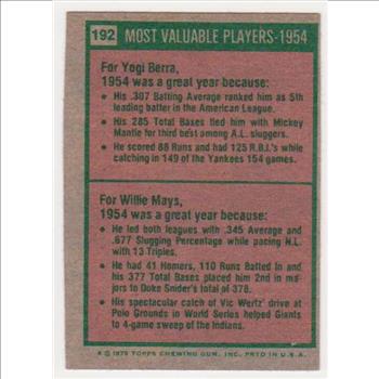 1975 Topps Yogi Berra/Willie Mays #192 Card - HOF'ers