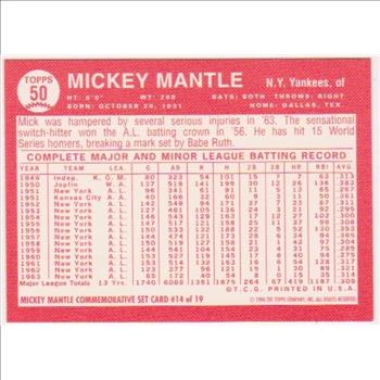 Mickey Mantle 1964 Topps #50 Commemorative Card - 1996 Topps #14 of 19 Insert Card