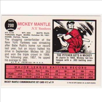 Mickey Mantle 1962 Topps #200 Commemorative Card - 1996 Topps #12 of 19 Insert Card