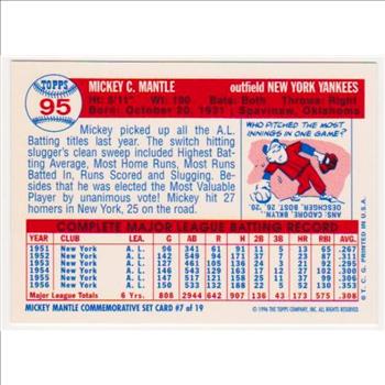 Mickey Mantle 1957 Topps #95 Commemorative Card - 1996 Topps #7 of 19 Insert Card