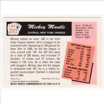 Mickey Mantle 1955 Bowman #202 Commemorative Card - 1996 Topps #5 of 19 Insert Card