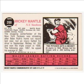 Mickey Mantle 1962 Topps #200 Commemorative Card - 1996 Topps #12 of 19 Insert Card