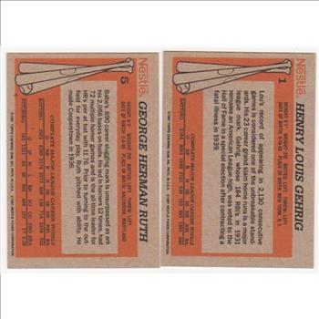 1987 Topps Nestle Babe Ruth #5 + Lou Gehrig #1 Card Pair - HOF'ers