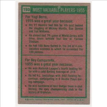 1975 Topps Yogi Berra/Roy Campanella #193 - HOF'ers