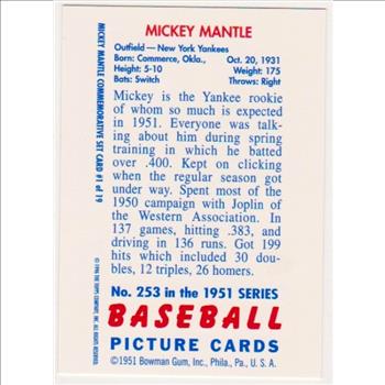 Mickey Mantle 1951 Bowman #253 Commemorative Card - 1996 Topps #1 of 19 Insert Card