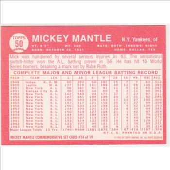 Mickey Mantle 1964 Topps #50 Commemorative Card - 1996 Topps #14 of 19 Insert Card