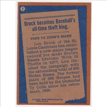 1978 Topps Lou Brock #1 Card - HOF'er