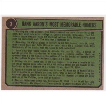 1974 Topps Hank Aaron #3 Card - HOF'er